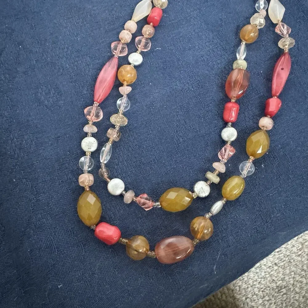 Vintage Avon NR Beaded Necklace Orange Red Beads Silvertone‎ Chain Two Strand